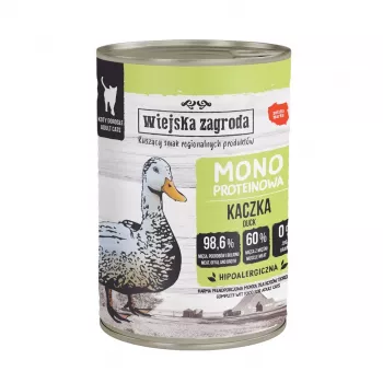 Slapjā kaķu barība wiejskazagroda Monoprotein Duck 400 g — vienas olbaltumvielas pīles pastēte, pieaugušiem kaķiem, 77,8% mitruma