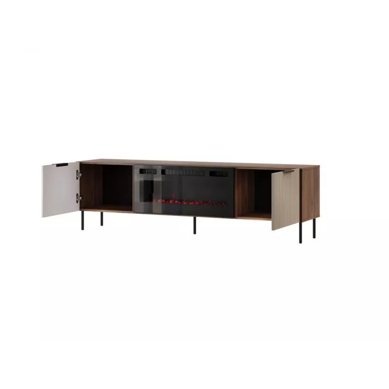 TV skapis Cama Meble ALMERA 180,5×42×52,5 cm valrieksts/kašmirs ar melnu kamīnu