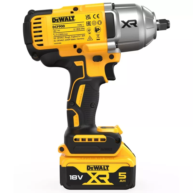 Trieciena uzgriežņatslēga DeWALT DCF900P2T-QW 1/2 collas bezsuku 18 V, 1898 N·m, 5 Ah akumulators, 2 akumulatori, lādētājs, futrālis