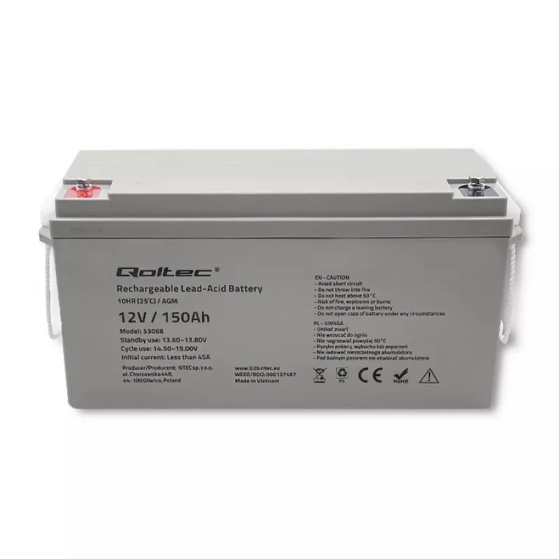 Qoltec 53068 AGM akumulators | 12V | 150Ah | maks. 2250A