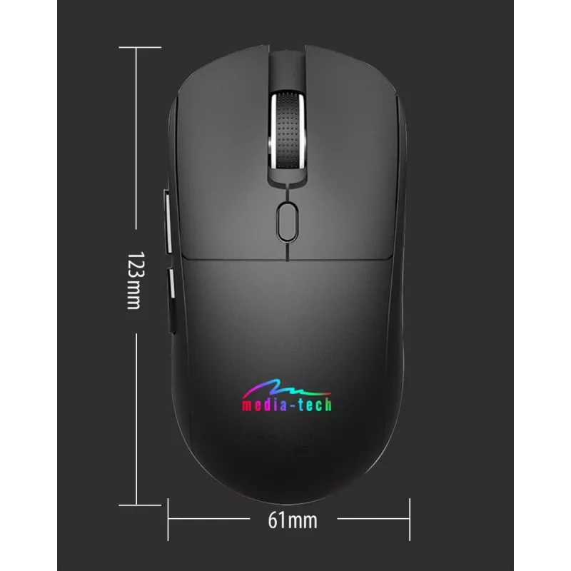 Bezvadu pele MEDIA-TECH MT1124 BT/RF Silent & Recharge — piemērota abām rokām, 3200 DPI, Bluetooth + 2,4 GHz USB, 6 pogas, uzlādējama