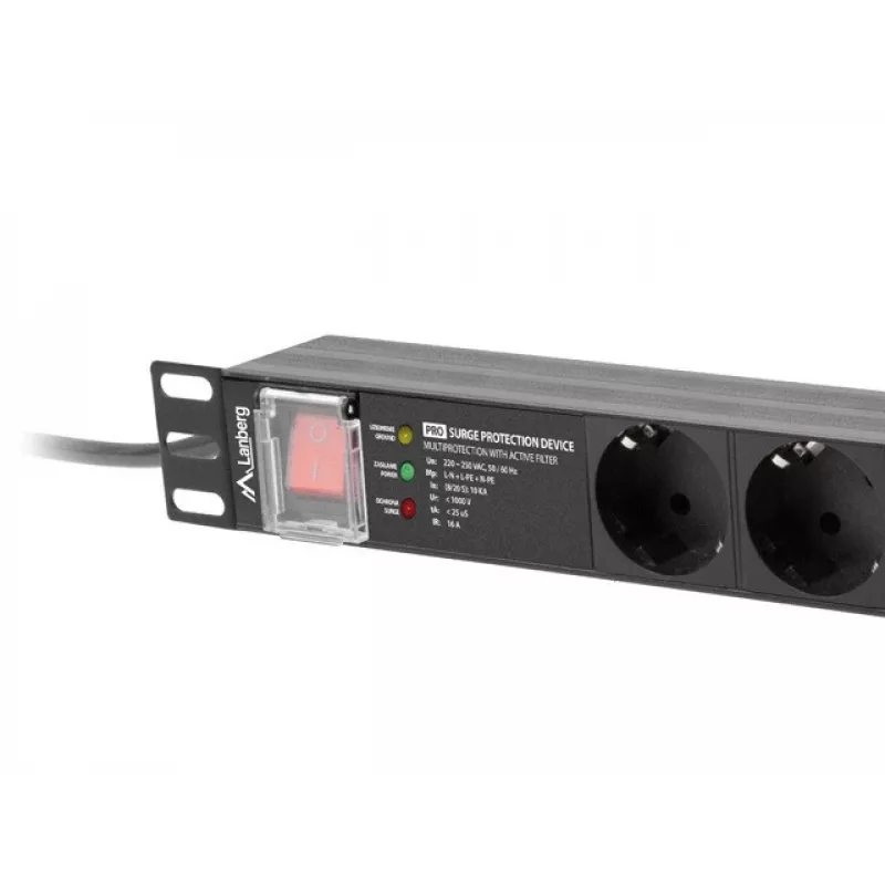 Strāvas sadales bloks LANBERG PDU-PRO-07F-0200-BK — 1U plaukta PDU, 7 Type F rozetes, 16 A, 2 m kabelis, melns