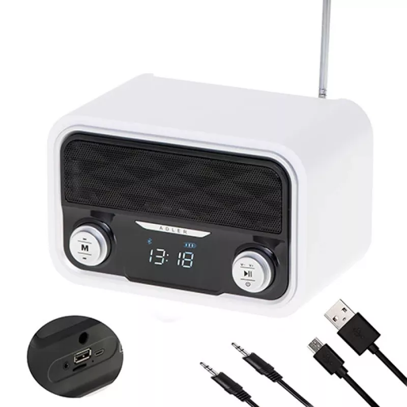 Adler AD 1185 — Pārnēsājams FM radio, Bluetooth 4.0, MP3, SD karte, AUX, 1800 mAh baterija, LCD displejs, uzlāde caur micro-USB