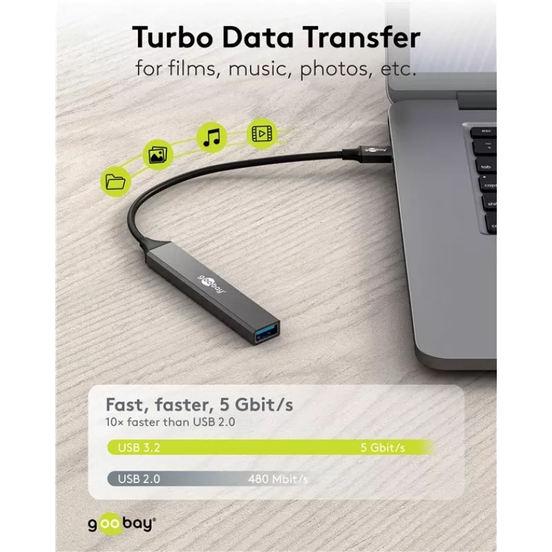 Goobay Slim 5-Portu USB centrmezgls, USB-C™ uz USB-C™/USB-A, USB 3.2 (74460)