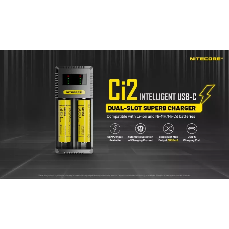 Baterijas lādētājs Nitecore Ci12 Universāls USB lādētājs Li‑Ion, NiCd, NiMH, 3A ieeja 5/9/12V, plastmasas korpuss