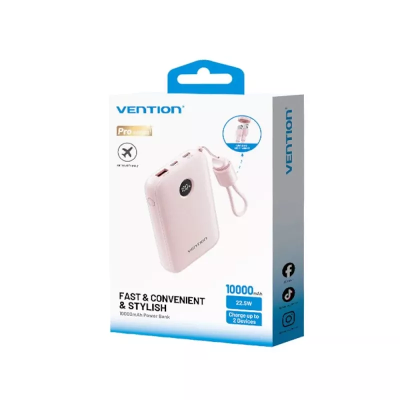 Ārējais akumulators Vention FKAP0-C 10000 mAh, 2× USB-C + 1× USB-A, 22.5 W, Rozā