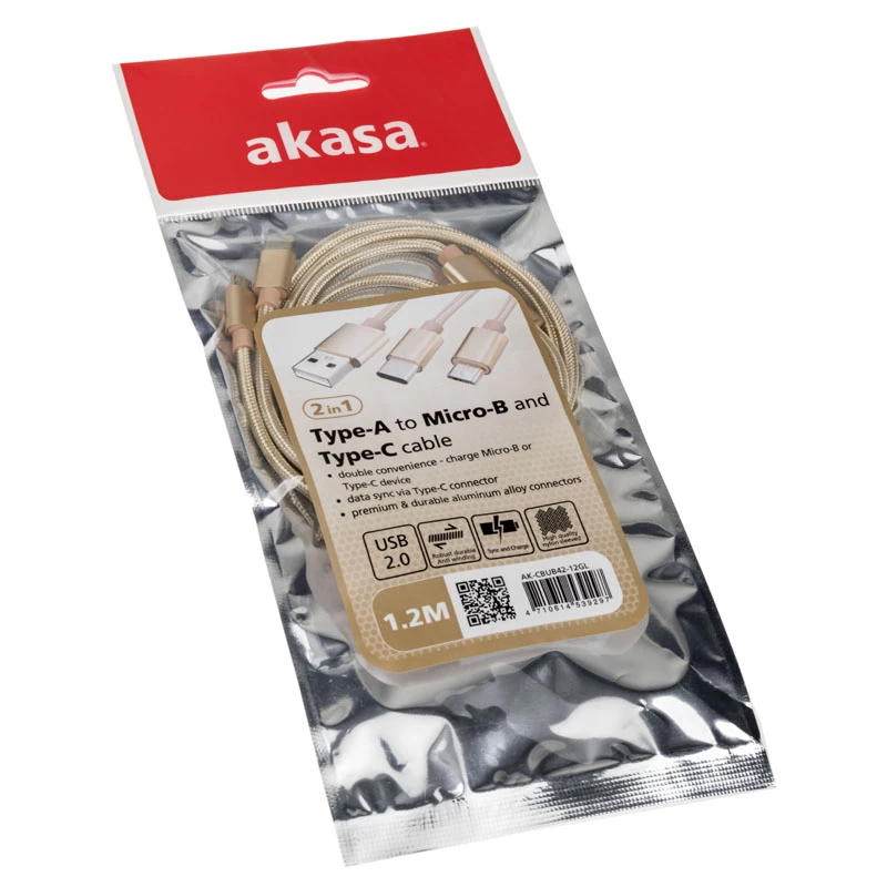 Akasa AK-CBUB42-12GL USB kabelis 1,2 m USB 2.0 USB A USB C/Micro-USB B zelta (AK-CBUB42-12GL)