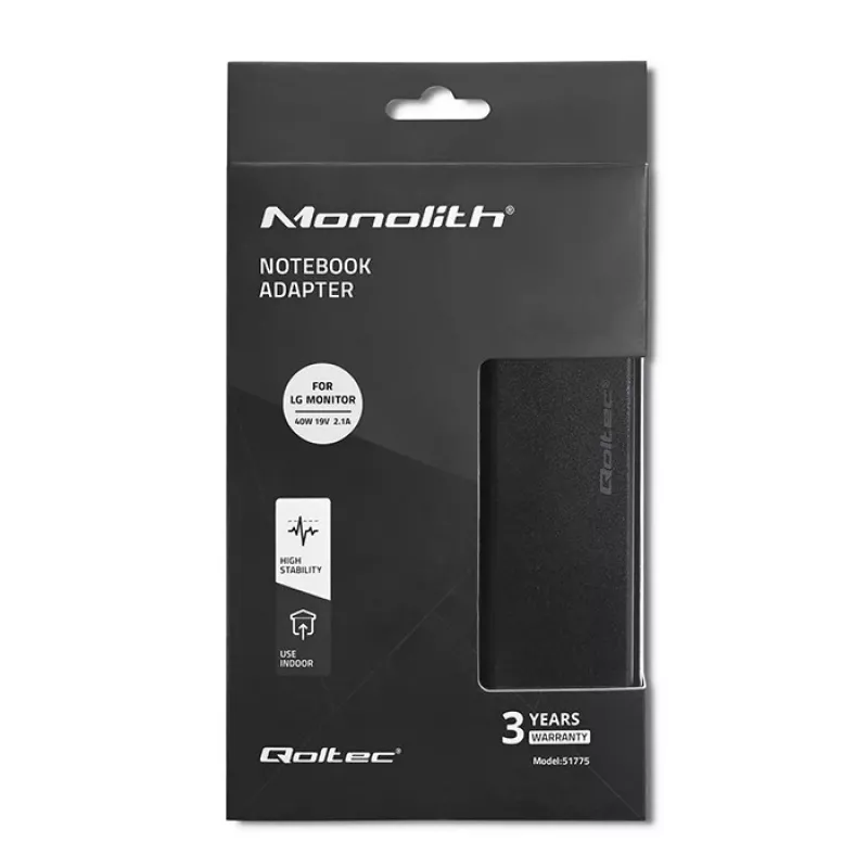 Strāvas adapteris QOLTEC 51775 40W 19V 2.1A monitoriem, melns, 1.75 m kabelis