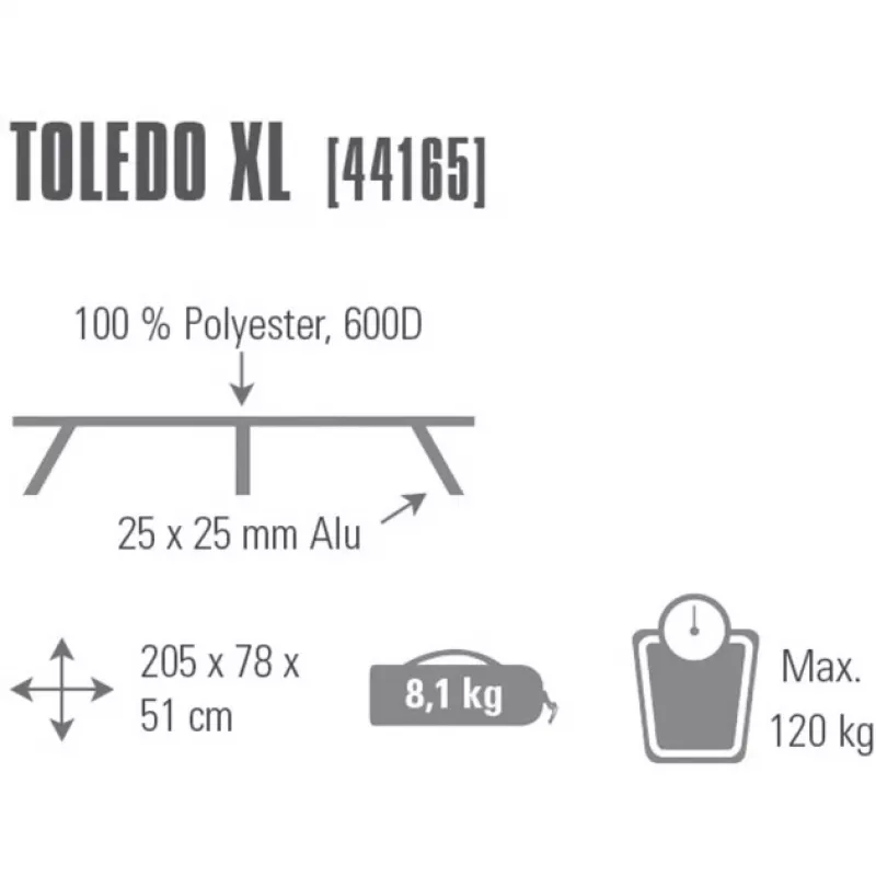 camping cot Toledo XL 44165, camping bed pelēka