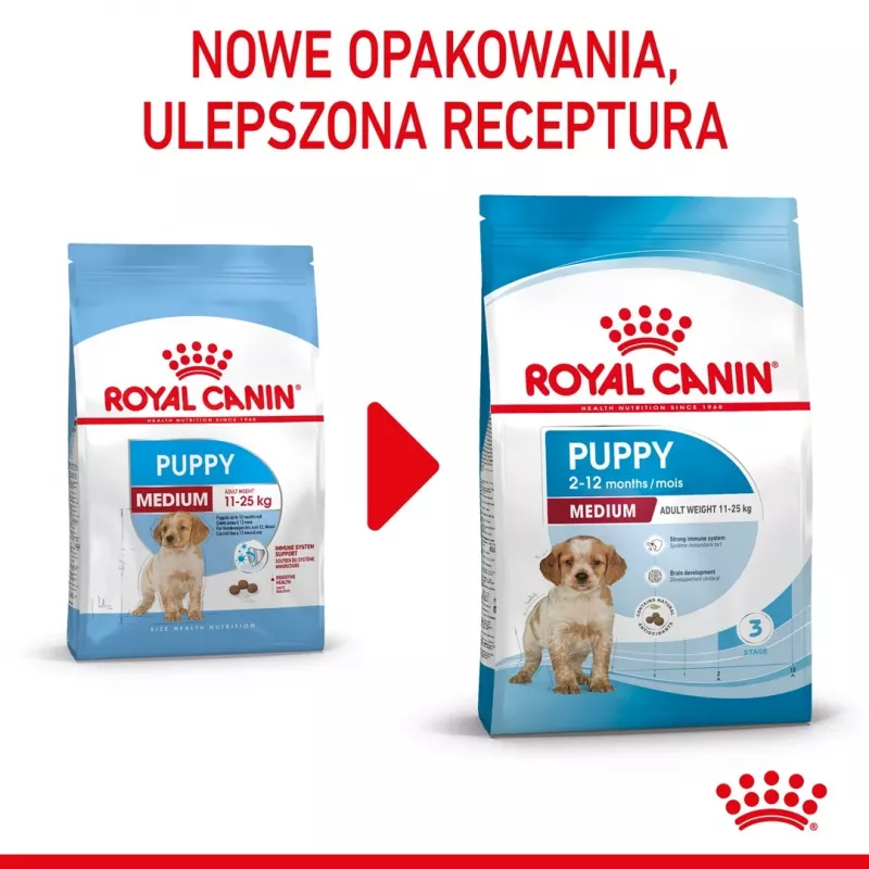 Sausā suņu barība Royal Canin Medium Puppy 15 kg — vidēja izmēra šķirņu kucēniem, vistas garša, 32% proteīna, 20% tauku
