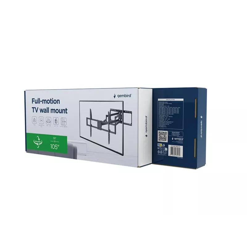 Pilnas kustības TV sienas stiprinājums GEMBIRD WM-105ST-01 50–105 collu televizoriem, tērauda regulējams kronšteins, maks. 75 kg, VESA 200x100–900x600