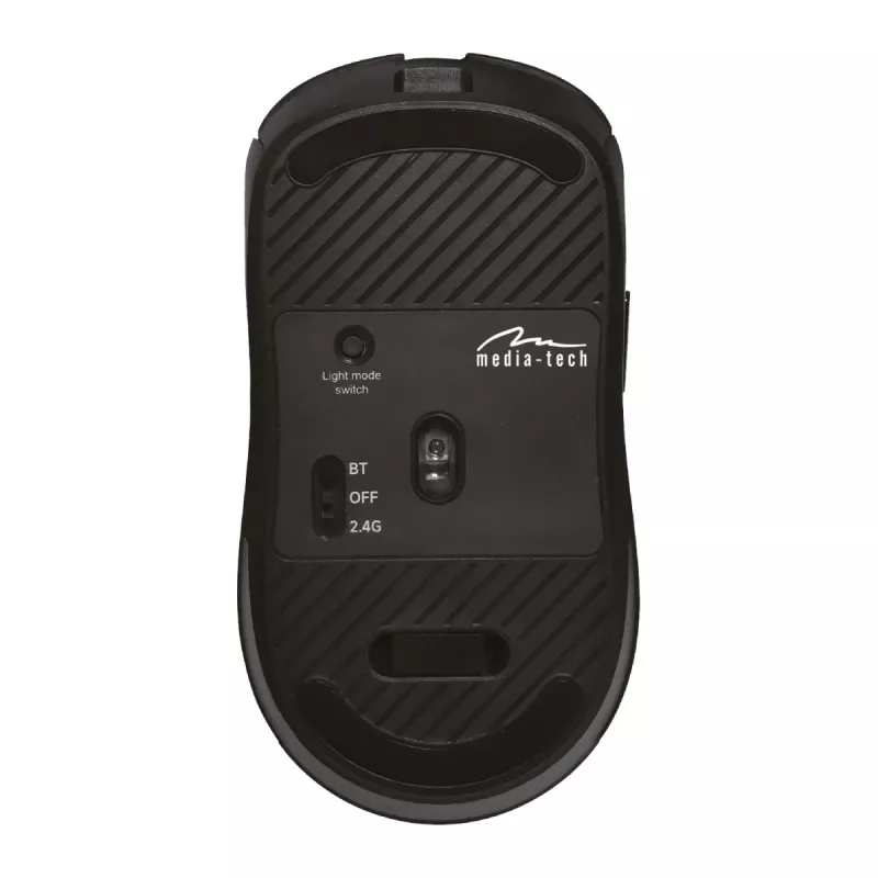 Bezvadu pele MEDIA-TECH MT1124 BT/RF Silent & Recharge — piemērota abām rokām, 3200 DPI, Bluetooth + 2,4 GHz USB, 6 pogas, uzlādējama