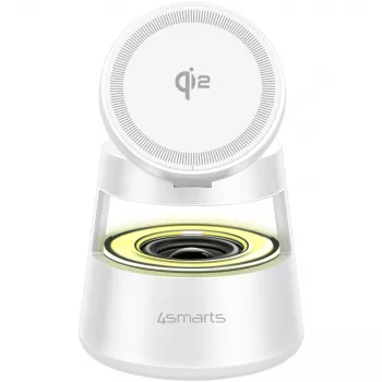 Bezvadu lādētājs 4smarts Qi2 Aura Sound balts – Qi2 ātra bezvadu uzlāde, iebūvēts skaļrunis