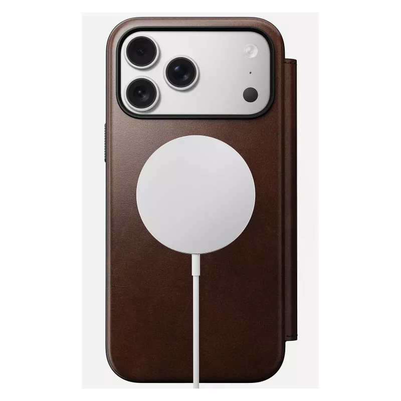 Nomad Modern Leather Folio mobilo tālruņu futrālis iPhone 17 Pro Max — brūna, āda, 6,3 collu ekrāns, 4 karšu kabatiņas