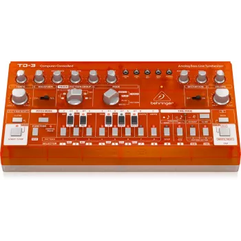 Behringer TD-3-TG analogais basa līnijas sintezators, caurspīdīgi oranžs