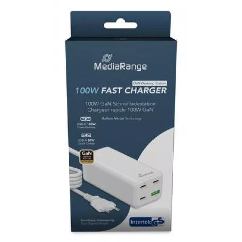 MediaRange MRMA124 mobilās ierīces lādētājs 100W AC, 3x USB-C, 100–240V ieeja, 1,5 m kabelis, Balts