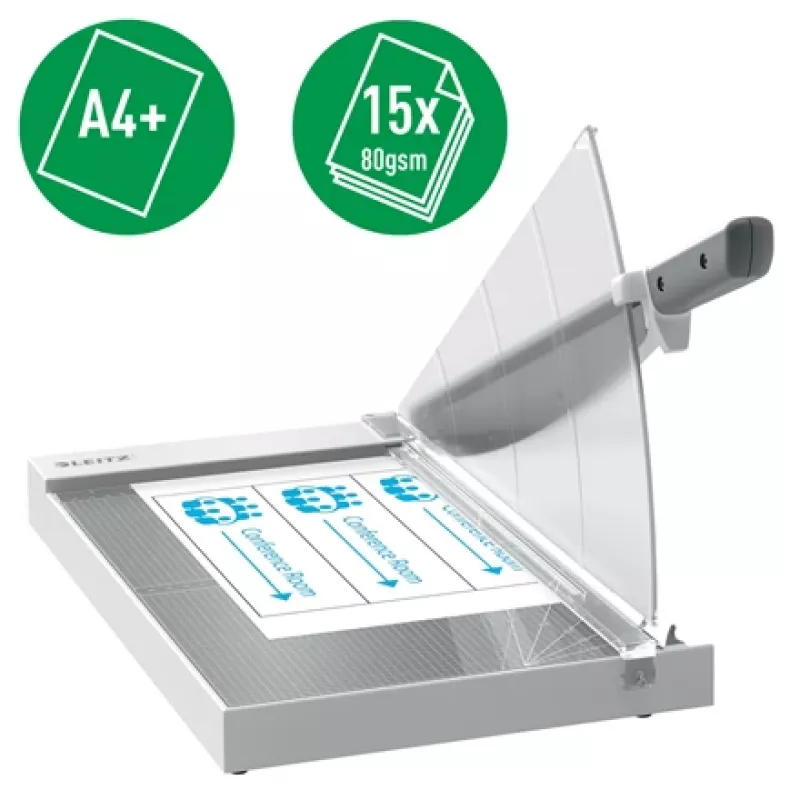 Leitz Precision Office papīra grieznis A4+, 15 loksnes, manuāla spailes iespīlēšana, nerūsējošais tērauds, A4 Maxi, 80 g/m², stikls