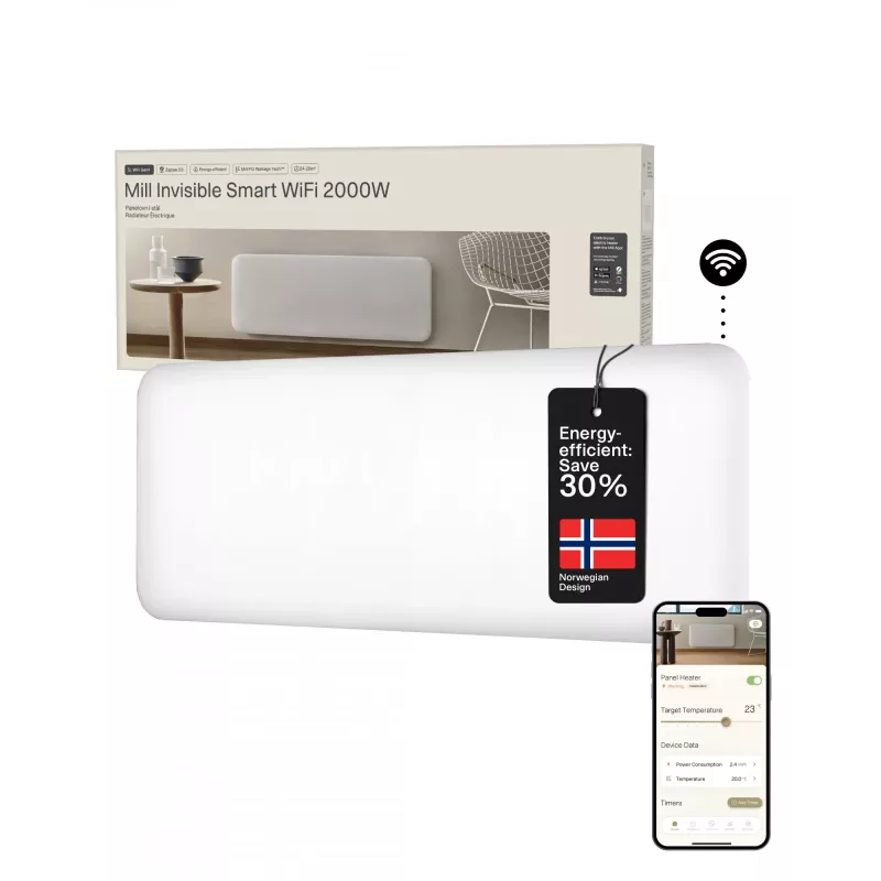 Mill Invisible Smart WiFi sildītājs | PA2000WIFI4 | Panelu sildītājs | 2000 W | Piemērots telpām līdz 24-28 m² | Balts | IPX4