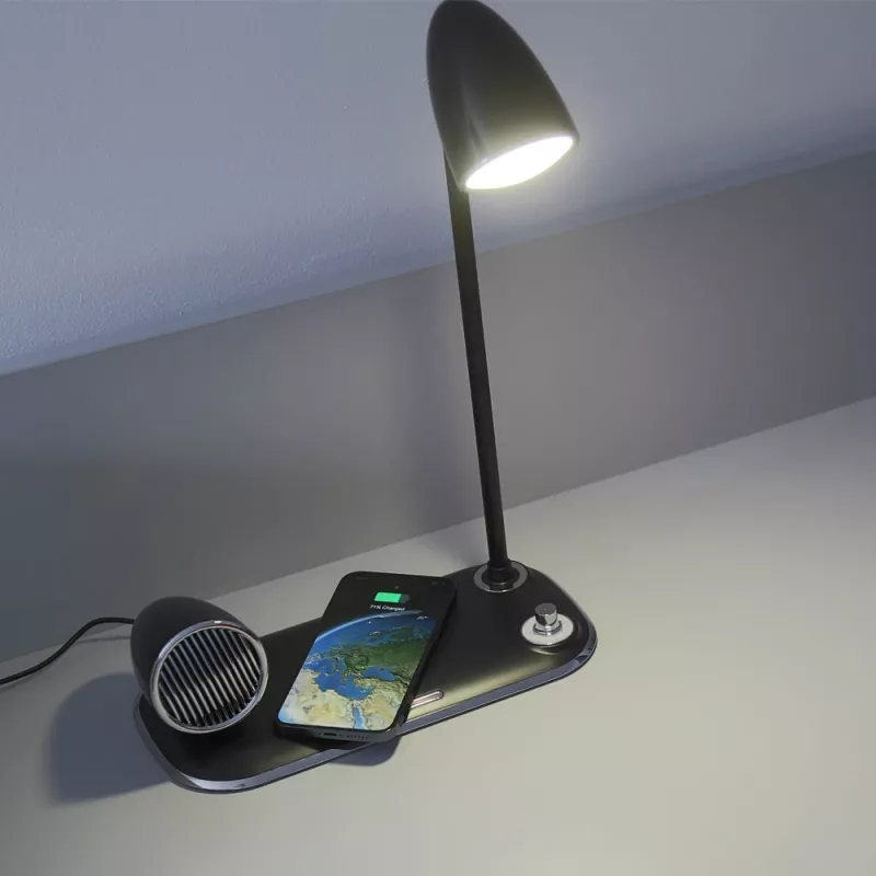 Galda lampa Tellur TLL151361 ar bezvadu Qi lādētāju un Bluetooth skaļruni, regulējams apgaismojums