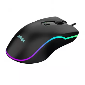 Vadu apsildāmā spēļu pele ActiveJet AMY-W390 — piemērota abām rokām, optiskā 2000 DPI, USB Type-A, 4 pogas, melna