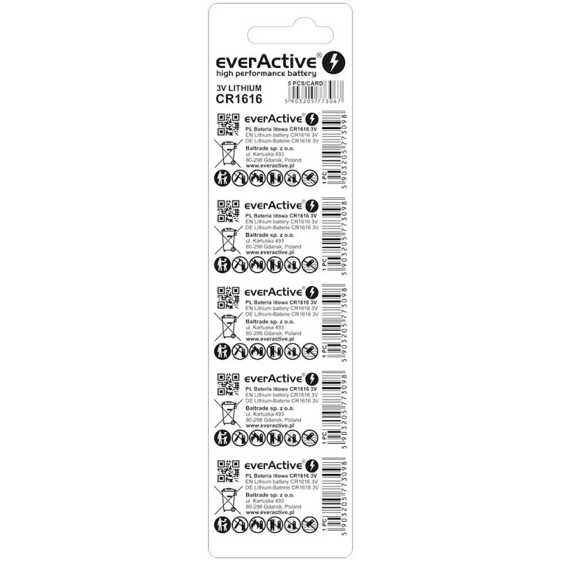 EverActive CR1616 monētelementa baterija 3V, 50 mAh, 16 mm — 5 gab. iepakojums