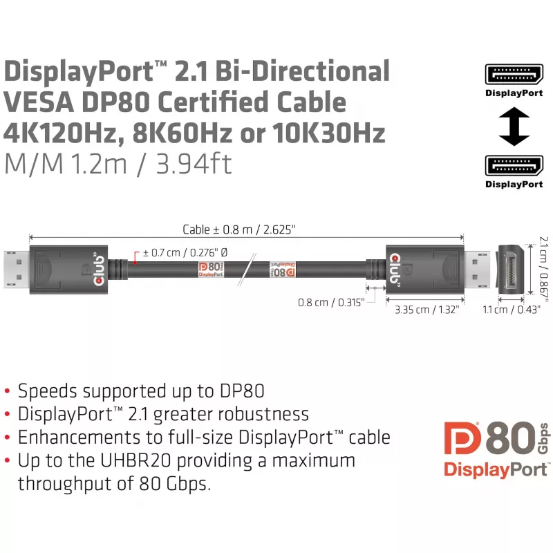 CLUB3D DisplayPort 2.1 Divvirzienu VESA DP80 sertificēts kabelis 4K240Hz, 8K60Hz vai 10K30Hz M/M 1,2 m/3,94 pēdas