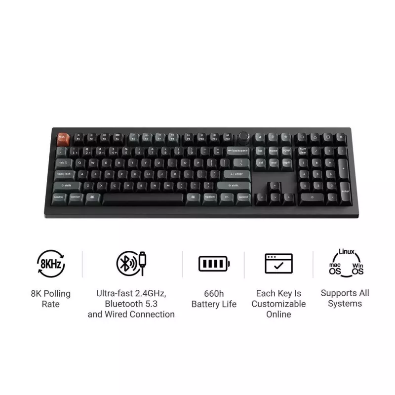 Mehāniskā pilnizmēra tastatūra Keychron V6 Ultra 8K — QWERTY, Bluetooth, RGB, melna