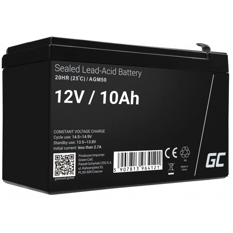 UPS akumulators zaļa Cell AGM50 12 V 10 Ah VRLA AGM, 65×151×95 mm, 2.45 kg, melns