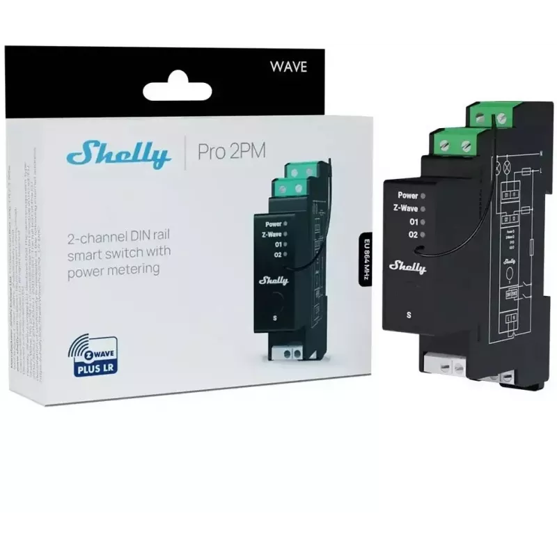 Shelly Wave Pro 2PM LR divu kanālu Z-Wave DIN sliedes kontrolieris