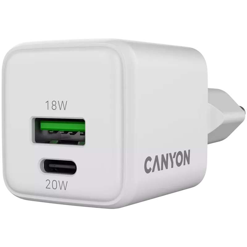 Canyon lādētājs CU20AC GaN 20W PD, 2 porti (USB-A/USB-C) balts (CNS-CUW20AC)