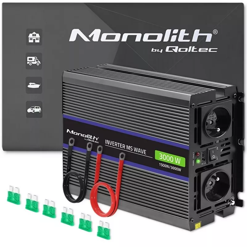 Jaudas pārveidotājs QOLTEC Monolith 3000 MS Wave, 12V→230V, 1500/3000W, ar USB