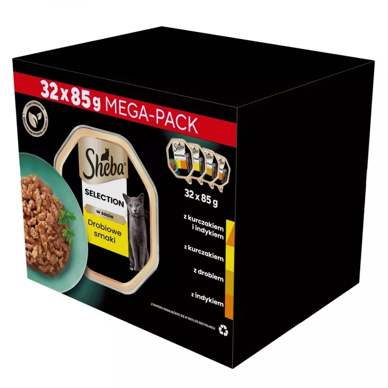 Mitrā kaķu barība Sheba paplātē Mērce Mājputni (vistas gaļa, tītara gaļa) 32 x 85 g paplāte