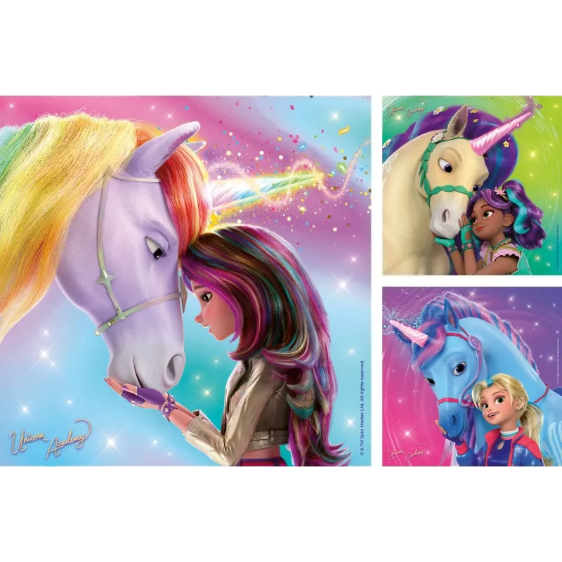 Puzle Ravensburger Unicorn Academy — 3 x 49 gabali, komplekts bērniem