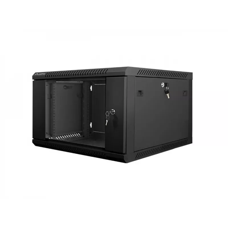 Lanberg pie sienas stiprināms instalācijas montāžas skapis 19'' 6U 600x600mm melns (stikla durvis)