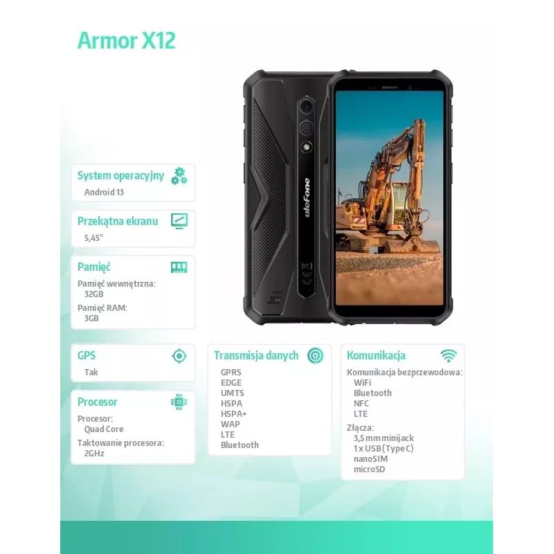 Izturīgais viedtālrunis UleFone Armor X12 — 3GB RAM, 32GB krātuve, pilnīgi melns