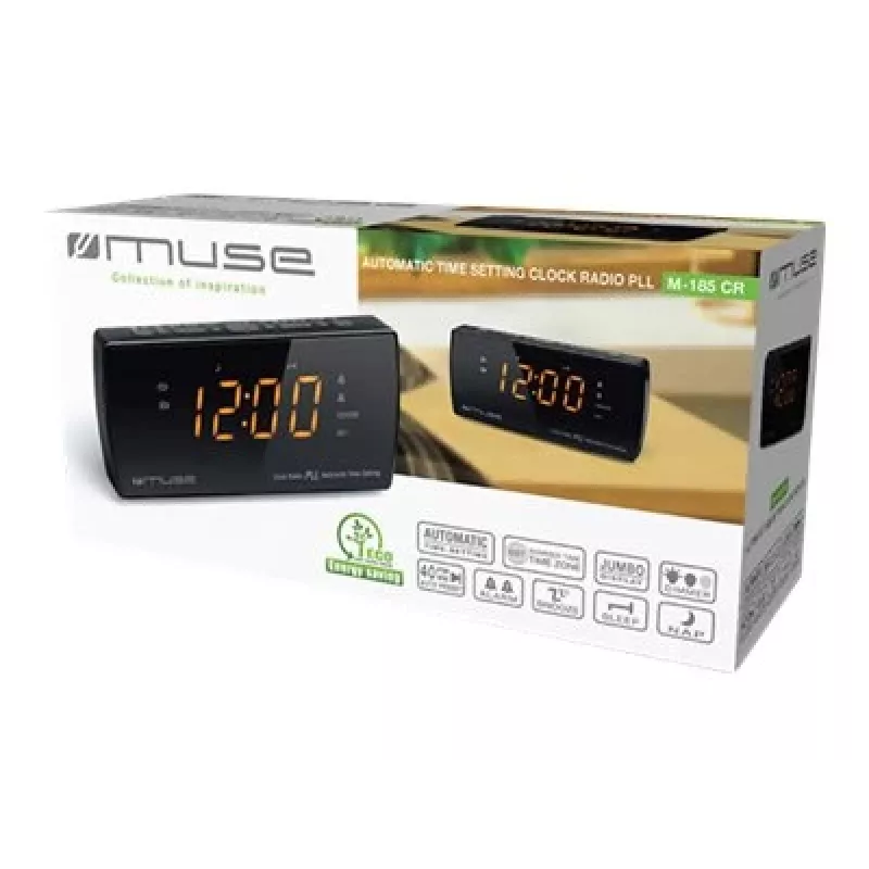 Modinātājradio Muse M-185 CR — FM/MW, 0,9 collu LED displejs, AC 230V ar AAA bateriju rezerves barošanu, melns