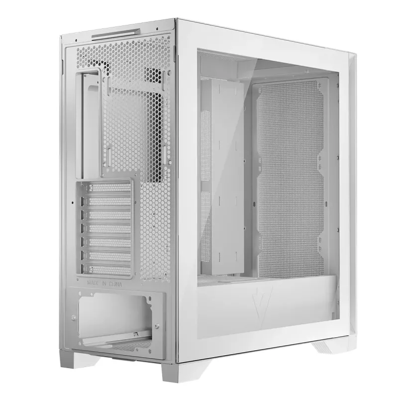 PC korpuss MODECOM VOLCANO EXPANSE S MIDI Tower — balts, microATX, rūdīts stikls, USB-C, atbalsta GPU 430 mm
