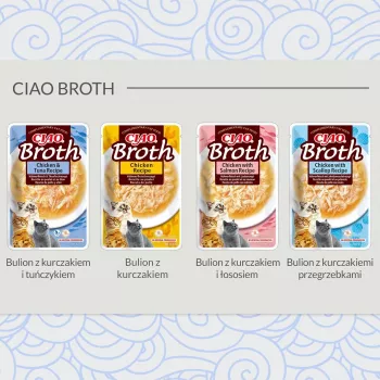 Mitrs kaķu kārums INABA Ciao Broth ar vistu un tunci 40 g — gaļīgs šķidrs našķis paciņā, olbaltumvielas 9,4%, mitrums 88%