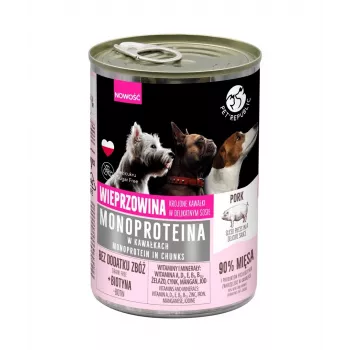 Mitrā suņu barība PetRepublic PET REPUBLIC Monoprotein Pork 400 g — vienas olbaltumvielu avota cūkgaļas recepte