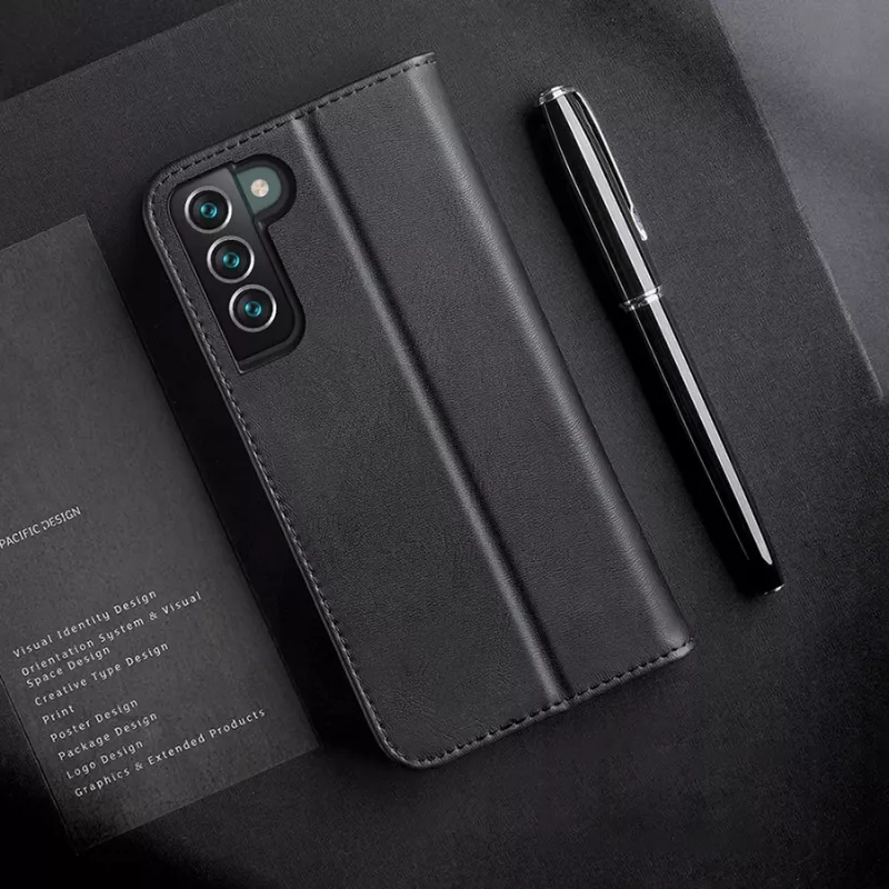 Dux Ducis Dux Ducis Hivo ādas maciņš ar atloku, dabīgās ādas kabatas futrālis kartēm un dokumentiem Samsung Galaxy S22+ (S22 Plus) melns