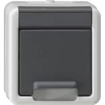 gira SCHUKO kontaktligzda virspusēja montāža ar paceļamu vāku un SafetyPlus, modelis 441430, pelēka