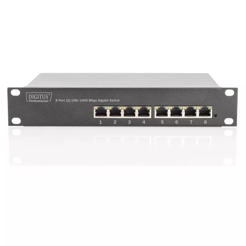 Slēdzis DIGITUS 10 collu Gigabit Ethernet 8 portu nevadāms - 8x Gigabit RJ45, uzstādāms statnē