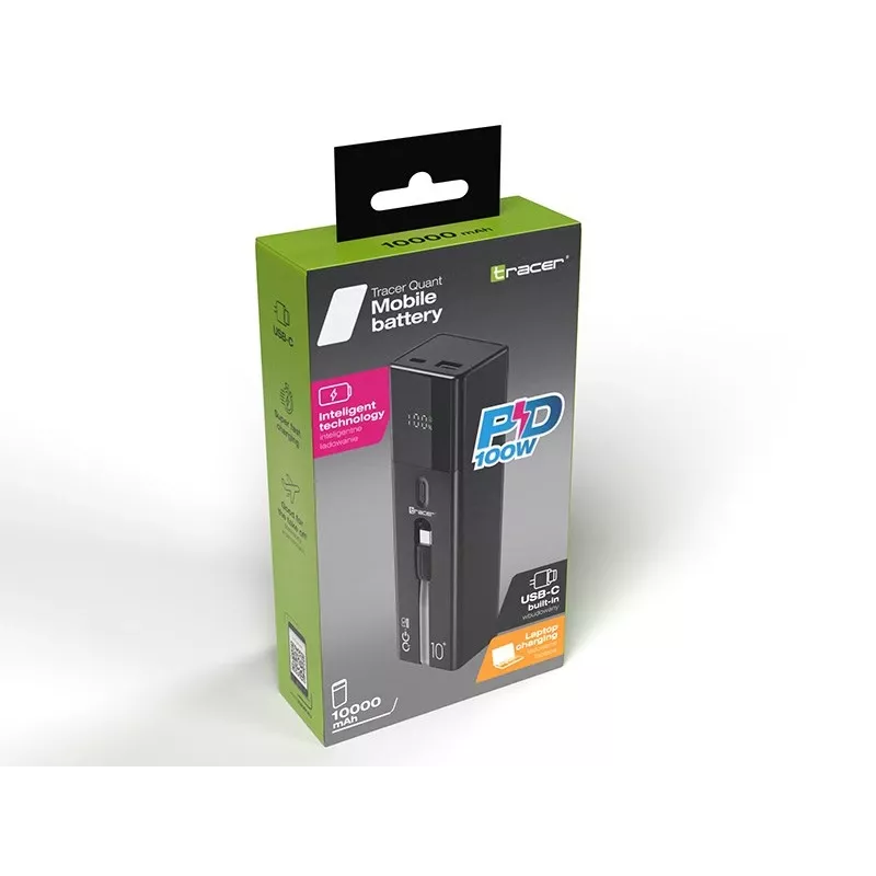 Pārnēsājams ārējais akumulators TRACER Quant 10000 mAh Li-Ion, PD & QC3.0, 3 pieslēgvietas (2×USB-C, 1×USB-A), 100W, melns