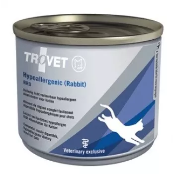 TROVET veterinārā diēta mitrā kaķu barība RRD Rabbit & Rice 200 g — alerģiju ārstēšana, bez graudiem, bez konservantiem un sojas