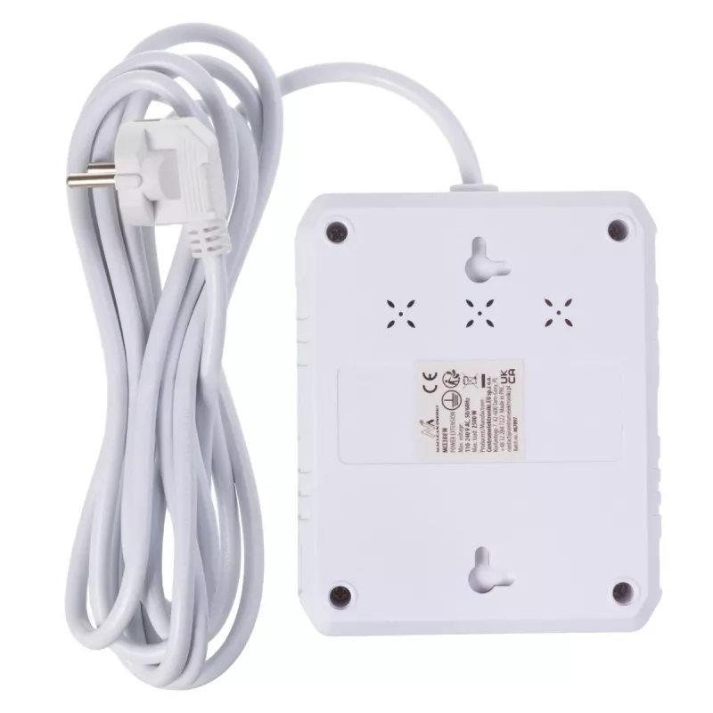Strāvas sadalītājs MACLEAN MCE388 W — 2 rozetes, 3×USB, 110–240V, 2500W, 3 m kabelis, balts