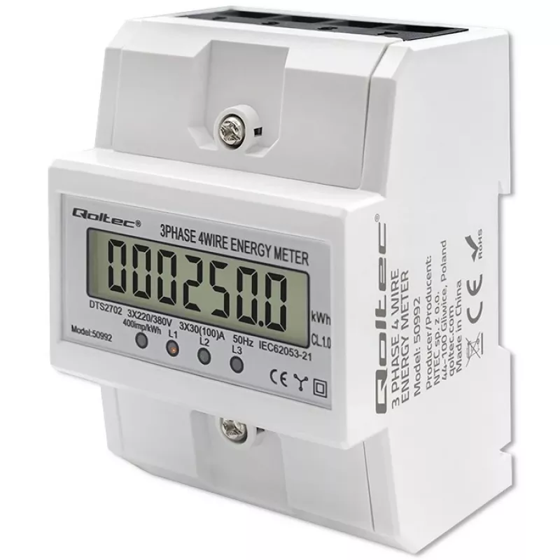 Trīsfāzu elektroniskais skaitītājs QOLTEC 50992 400V 100A