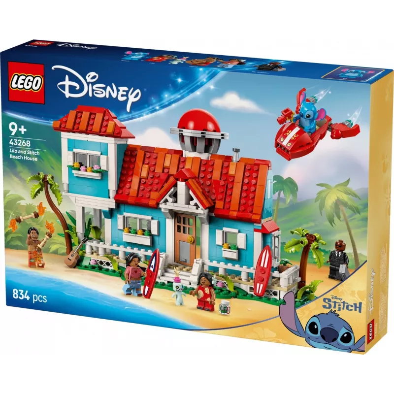 LEGO komplekts Disney 43268 Pludmales māja — modulāra mājas būvēšana, 834 detaļas, 5 minifigūras, vecumam 9+