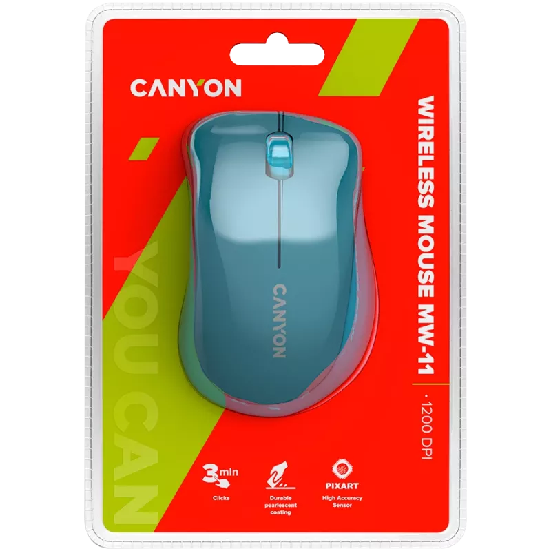 CANYON MW-11, 2,4 GHz bezvadu pele, ar 3 pogām, DPI 1200, baterija: AAA * 2 gab., zila, 67 x 109 x 38 mm, 0,063 kg