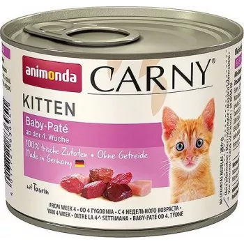 Mitrā kaķu barība animonda Carny Baby Paté 200 g — liellopu gaļa un vistas gaļa, bez graudiem, kaķēniem, viegli atverama bundža