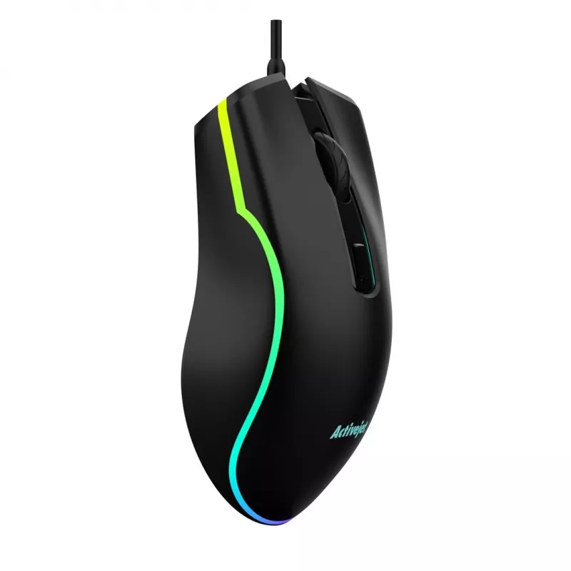 Vadu apsildāmā spēļu pele ActiveJet AMY-W390 — piemērota abām rokām, optiskā 2000 DPI, USB Type-A, 4 pogas, melna